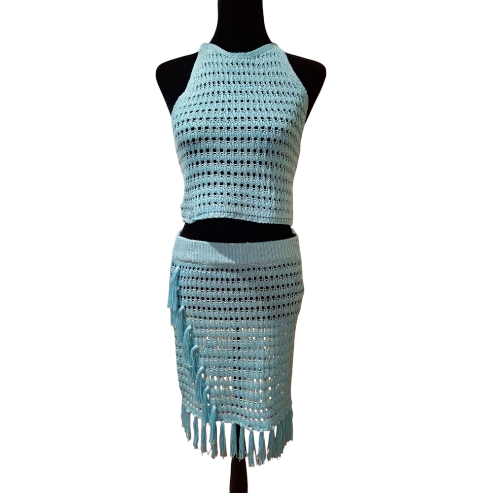 NWT, SZ.XL, Elegant Teal Blue Crochet Skirt Set. 100%Acrylic. Very Soft.....
